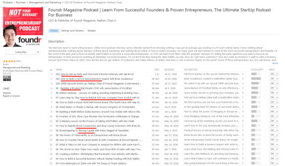 Foundr Magazine Podcast episode listing with focus on business and entrepreneurship topics.