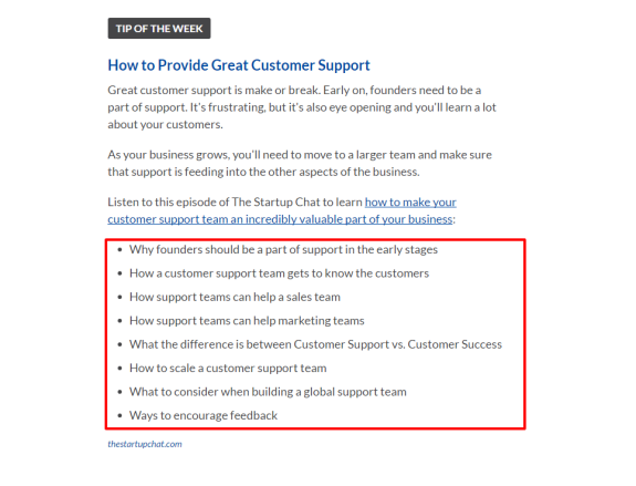 Screenshot of tips for providing great customer support with a list of key points.