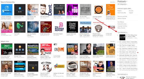 Podcast directory showing new and noteworthy and what's hot sections with various podcast covers.