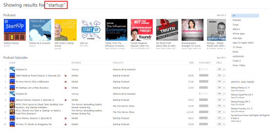 Search results for startup podcasts on iTunes with various podcast options displayed.