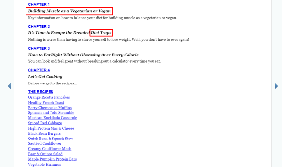 Table of contents of a vegetarian and vegan diet guide with chapters on muscle building and diet traps.