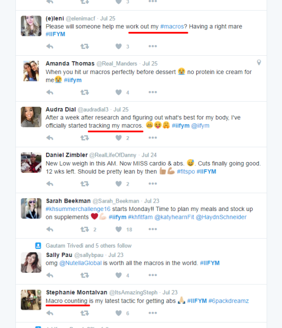 Screenshot of tweets discussing macro counting and IIFYM hashtag.