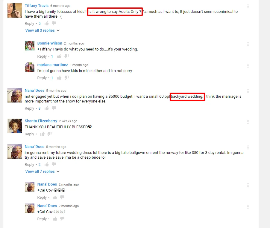YouTube comments discussing wedding plans including adults-only invite and backyard wedding.