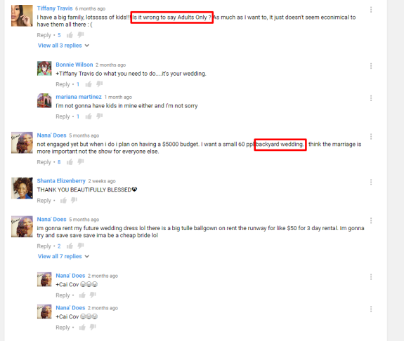 YouTube comments discussing wedding plans including adults-only invite and backyard wedding.