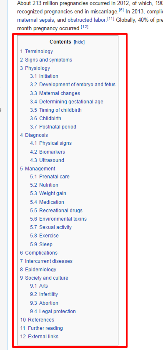 Screenshot of Wikipedia page showing contents section on pregnancy topics.