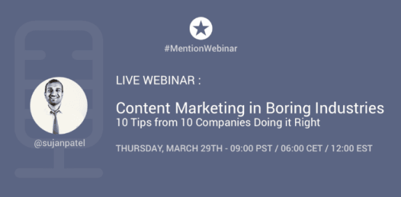 Webinar promotion for content marketing in boring industries with date and time details.