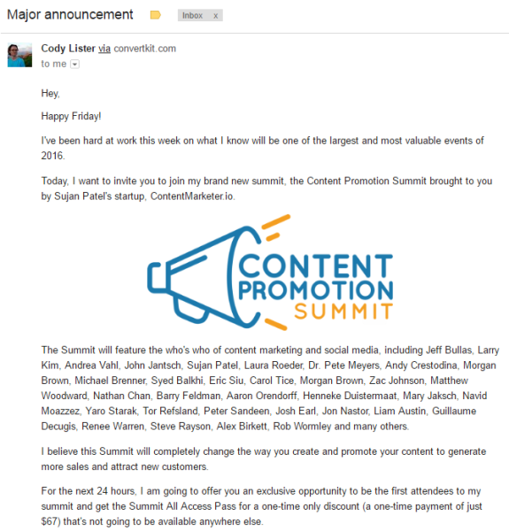 Email announcement for the Content Promotion Summit featuring a megaphone logo.