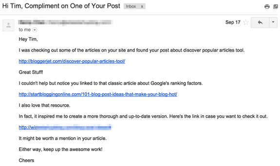 Email complimenting a blog post with links to articles, dated Sep 17.