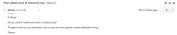 Email requesting permission to submit a post to Inbound.org