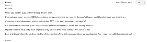 Email invitation for expert roundup on marketing strategies with Gleam.