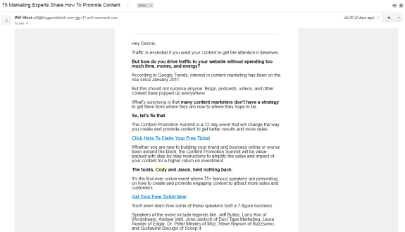 Email invitation for Content Promotion Summit with details and free ticket link