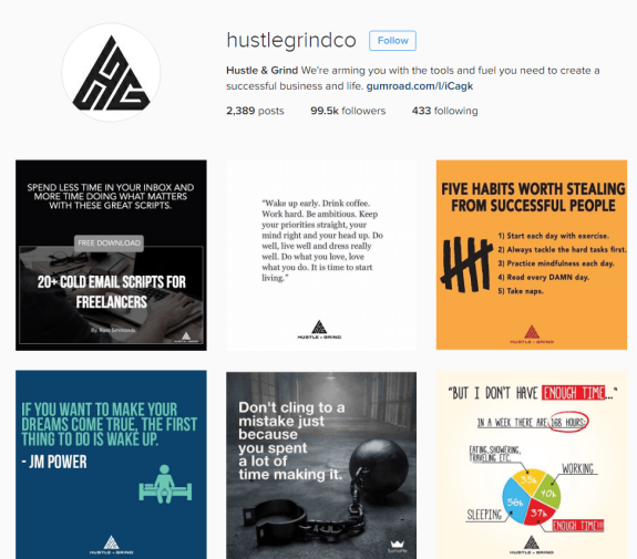 Instagram grid of hustlegrindco featuring motivational quotes and tips for success.