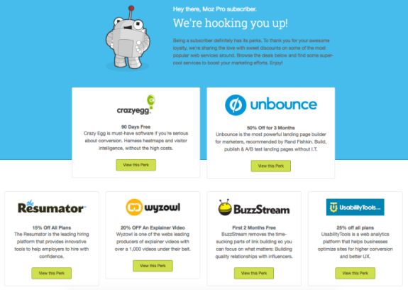 Moz Pro subscriber perks showing discounts on services like Crazy Egg, Unbounce, and others.