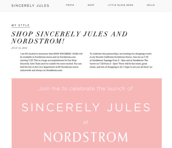 Sincerely Jules Nordstrom launch announcement with event details.