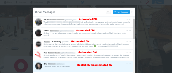 Twitter direct messages showing a list of likely automated DMs.