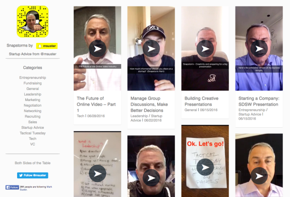 Snapchat video series on startup advice and entrepreneurship topics with various speakers.