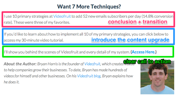 Infographic showing content marketing techniques with call to action and author info.