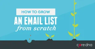 Illustration with text 'How to grow an email list from scratch' on blue background with plant graphic.