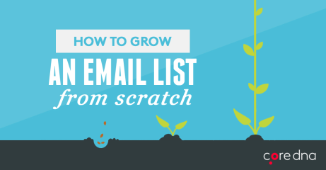 Illustration with text 'How to grow an email list from scratch' on blue background with plant graphic.