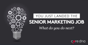 Illustration of a lightbulb made of gears with text about landing a senior marketing job.