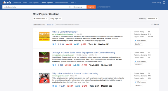 Ahrefs content explorer showing results for content marketing sorted by relevance.