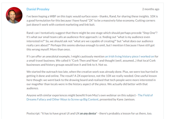 Screenshot of a discussion post by Daniel Pressley about content marketing strategies.