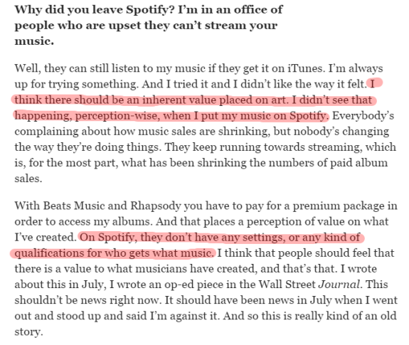 Highlighted text criticizing Spotify's approach to music streaming.