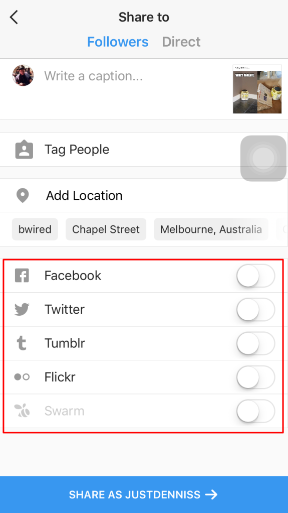 Instagram sharing options screen displaying social media platforms and location tagging.