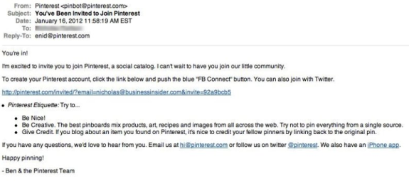 Pinterest invitation email with joining instructions and etiquette tips.