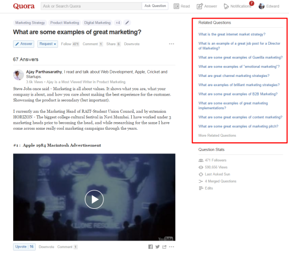 Quora page discussing examples of great marketing with Apple 1984 ad.