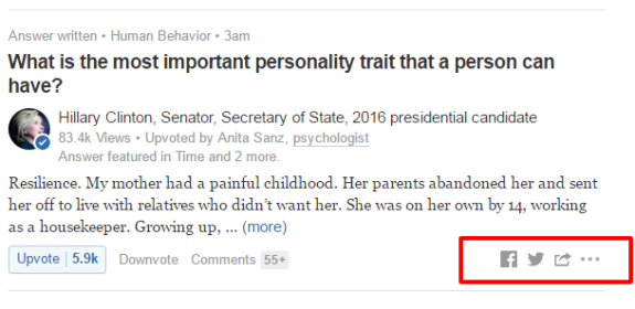 Quora post discussing important personality traits with social sharing options.