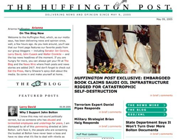 2005 Huffington Post homepage showing news articles and features.