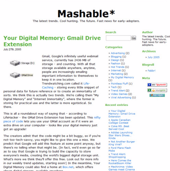 Mashable article titled 'Your Digital Memory: Gmail Drive Extension' from July 2005.