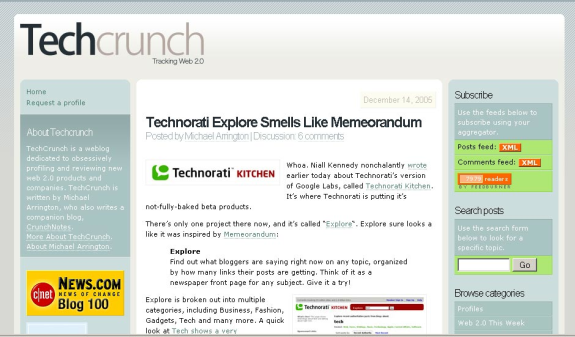 Screenshot of TechCrunch blog homepage from 2005 featuring an article about Technorati.