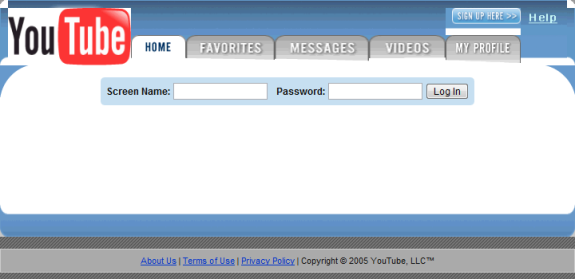 YouTube 2005 login screen showing username and password fields.