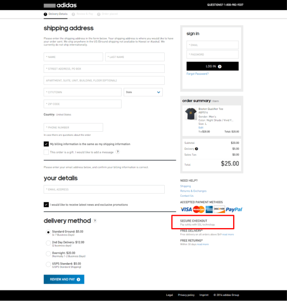 Adidas checkout page showing shipping address form and secure payment options.