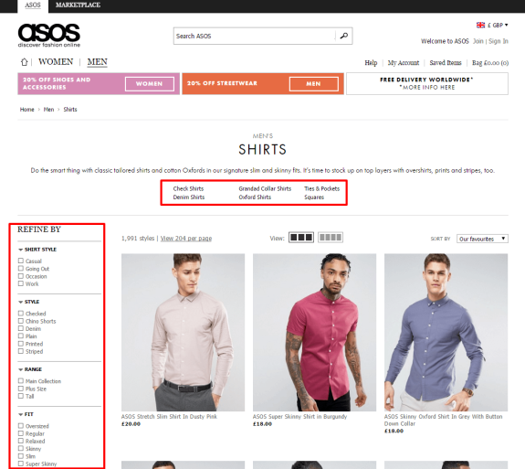 ASOS website showing men's shirts category with various filter options and shirt styles.