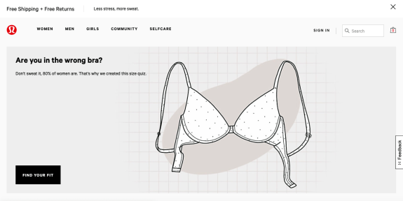 Lululemon bra size quiz illustration with a bra drawing and text prompt.