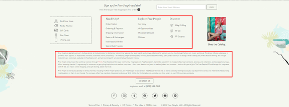 Free People website footer with links to help and company info sections.