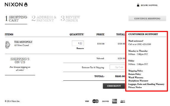 Nixon shopping cart summary with customer support contact information and product details.