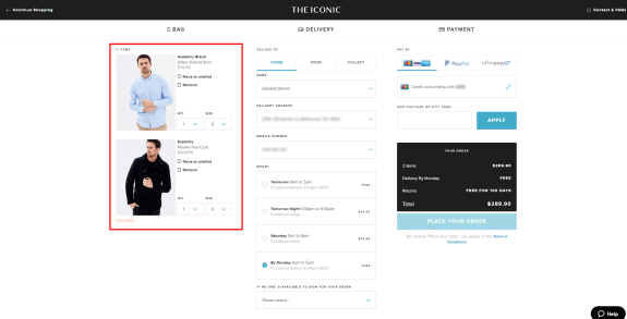 Online shopping bag page showing delivery and payment options with items selected.