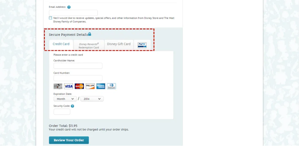 Checkout page showing secure payment options including credit card and gift card.