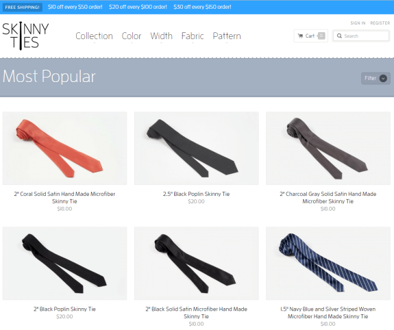 Most popular skinny ties collection with various colors and styles.