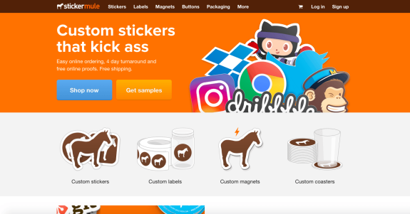 Sticker Mule homepage showcasing custom stickers, labels, and magnets.