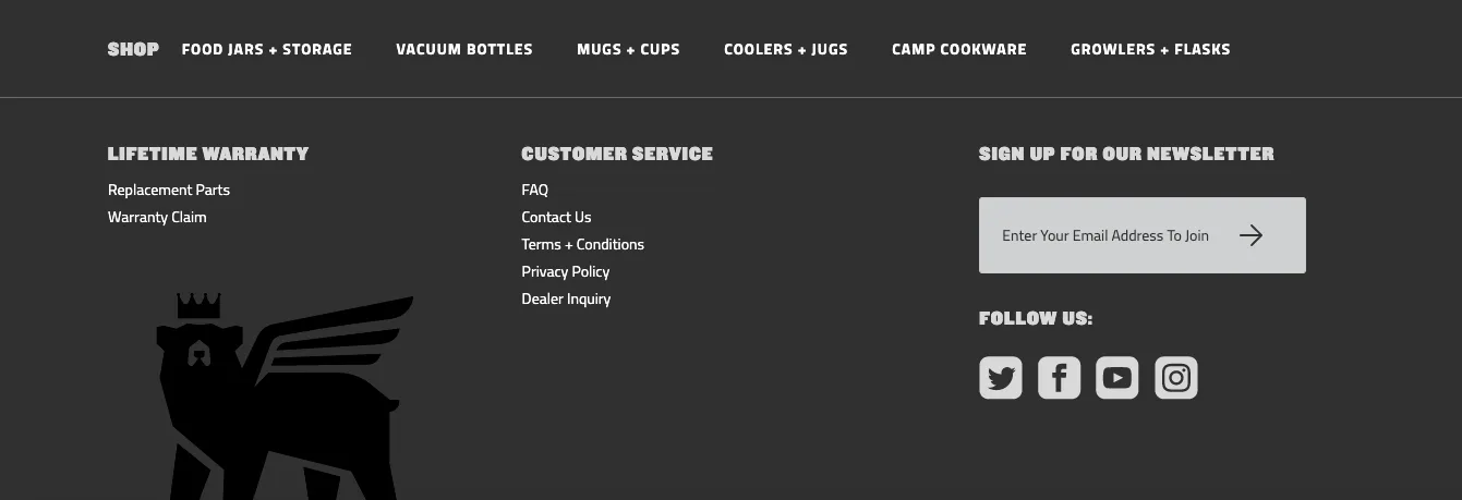 Website footer with navigation links and social media icons on dark background