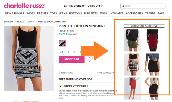 Charlotte Russe printed bodycon mini skirt product page showcasing skirt details and related items.