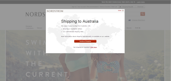 Nordstrom shipping to Australia popup with continue shopping button.