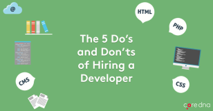 Infographic titled 'The 5 Do’s and Don’ts of Hiring a Developer' on a green background with tech icons.