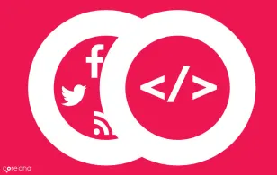 Social media and code symbols overlapping on a red background