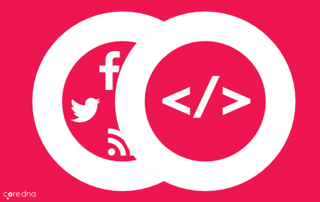 Social media and code symbols overlapping on a red background